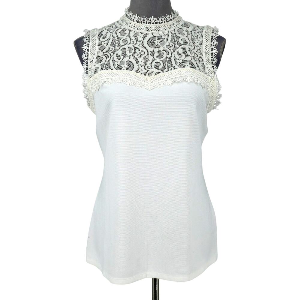 Thalia Sodi Top Womens Medium Off White Blouse Lace Yoke Mock Neck Coastal